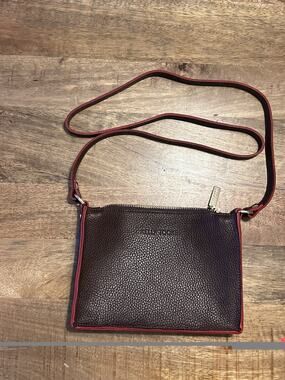 Kelly Tooke Pebbled Leather Crossbody Clutch Bag Brown Red Trim Small Luxury